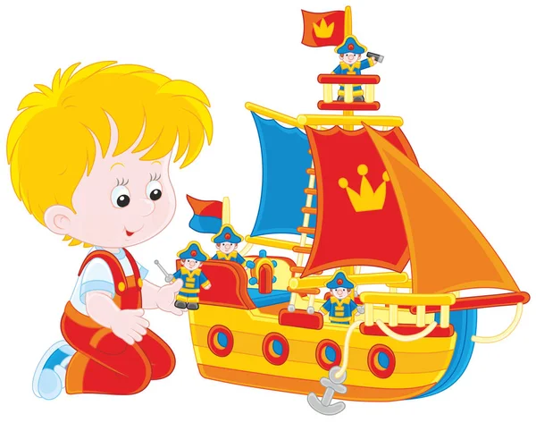 Niño jugando un barco de juguete — Vector de stock