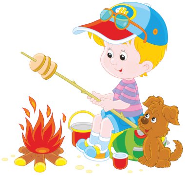 Boy-scout roasting bread on campfire clipart