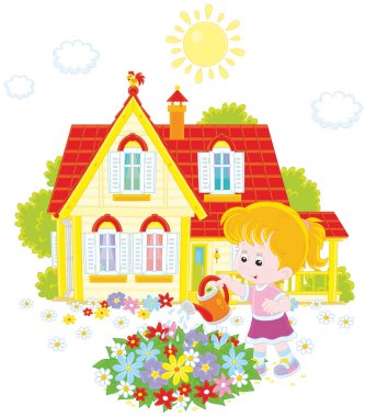 Girl watering flowers clipart