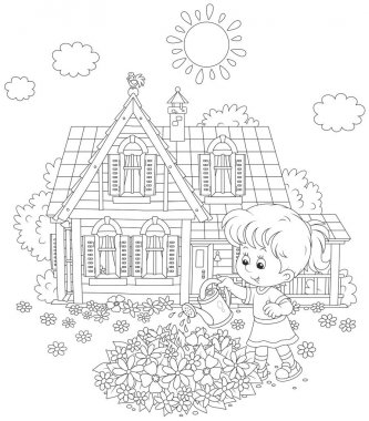 Girl watering flowers clipart