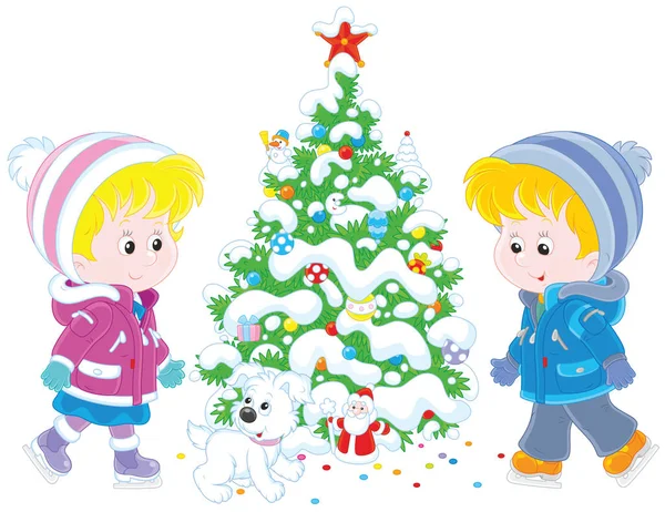 Дети катаются вокруг рождественской елки — стоковый вектор