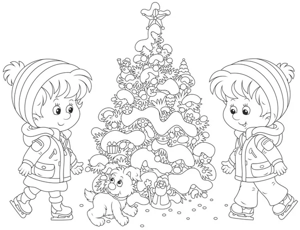 Children skating around a Christmas tree — Stock Vector