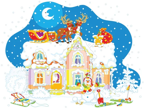 Χριστουγεννιάτικο έλκηθρο Santa σε στέγη — Διανυσματικό Αρχείο