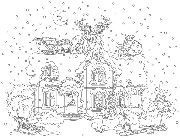 圣诞雪橇圣诞老人在屋顶上 — 图库矢量图片