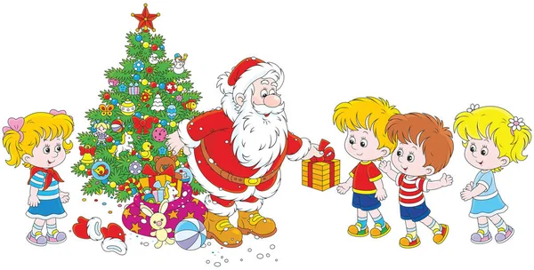 サンタ クロースのクリスマス プレゼントは 小さな子供たちにプレゼントします — ストックベクタ
