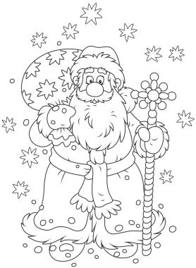 Noel Baba hediye çantası ve büyülü bir personel ile