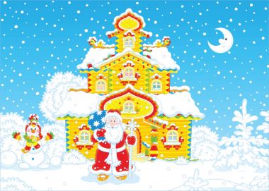 Noel Baba hediye çanta ve Noel arifesinde evinin önünde büyülü bir personel ile