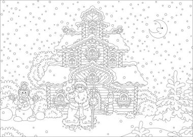 Noel Baba hediye çanta ve Noel arifesinde evinin önünde büyülü bir personel ile