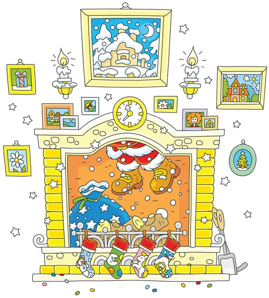 Санта Клаус Своим Подарочным Пакетом Спускается Дымоход Канун Рождества — стоковый вектор