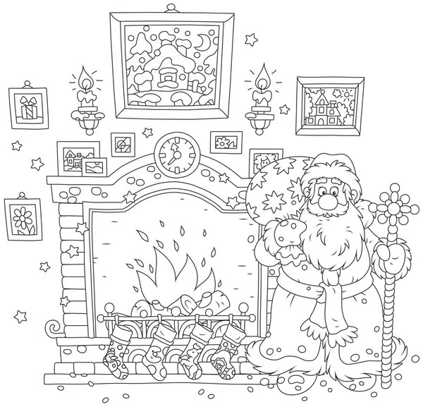 圣诞老人与他的礼品袋附近的壁炉与袜子圣诞礼物 — 图库矢量图片
