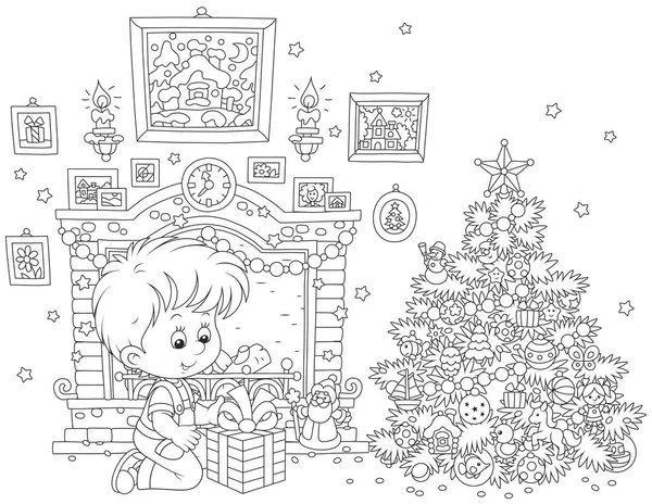 Little Boy His Holiday Gift Fireplace Colorfully Decorated Christmas Tree Royalty Free Stock Illustrations