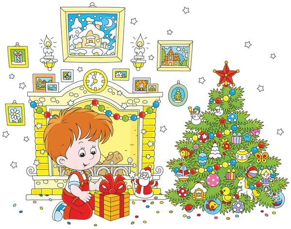 Little Boy His Holiday Gift Fireplace Colorfully Decorated Christmas Tree Stock Illustration