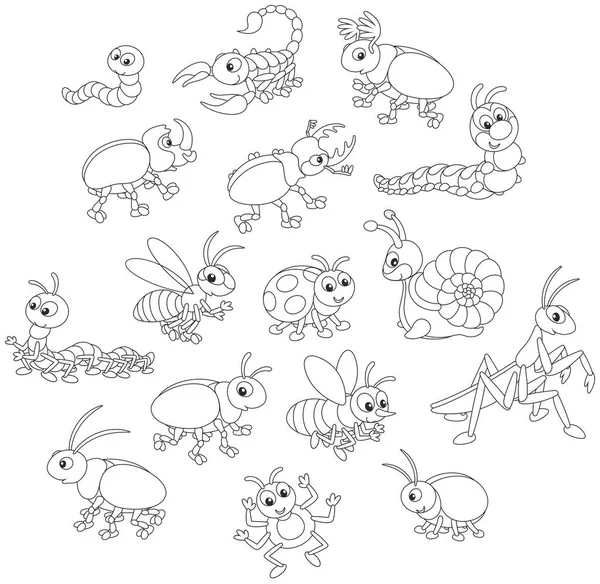 Black White Vector Illustrations Funny Insects Drawn Cartoon Style Including — Stock Vector