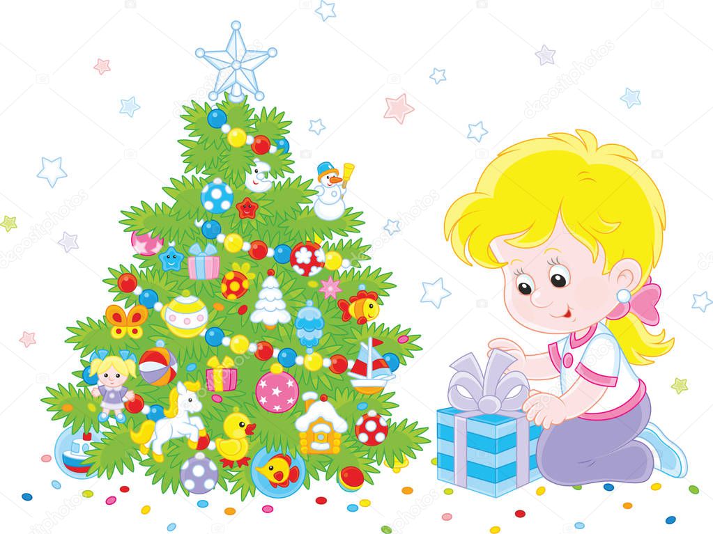 Girl with a Christmas gift. A vector illustration of a little girl with her holiday gift near a colorfully decorated Christmas tree