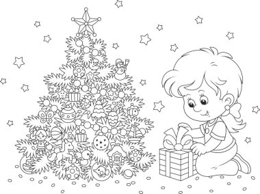Bir Noel hediyesi olan kız. Tatil hediyesini dekore edilmiş bir Noel ağacı yanında küçük bir kızla bir siyah ve beyaz vektör çizim