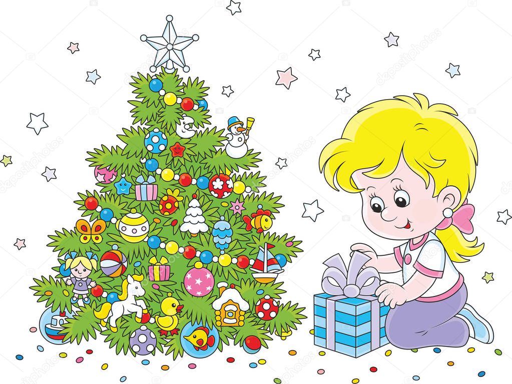 Vector illustration of a little girl with a holiday gift near a colorfully decorated Christmas tree