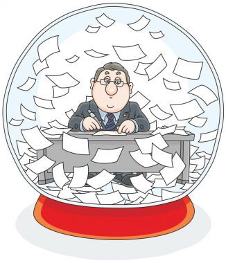 Vector illustration of a crystal ball with a clerk working at his desk and documents flying around clipart