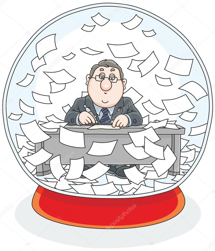 Vector illustration of a crystal ball with a clerk working at his desk and documents flying around