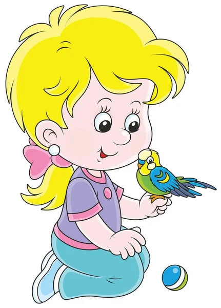 Bambina Che Gioca Con Suo Budgerigar — Vettoriale Stock