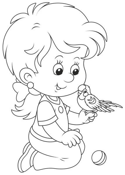 Black White Vector Illustration Smiling Girl Playing Her Small Parrot — Stock Vector