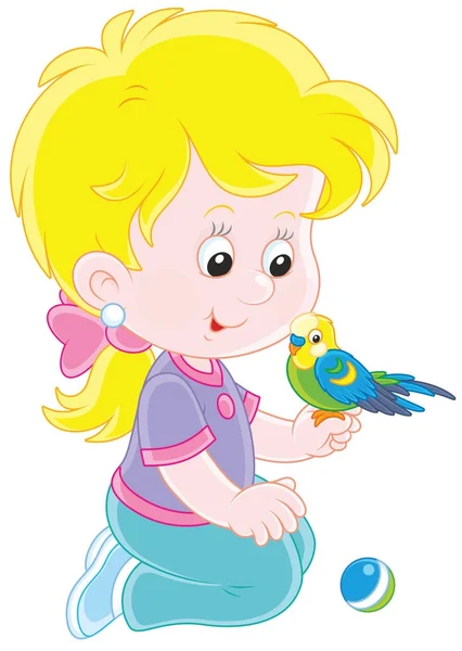 Ilustração Vetorial Uma Menina Sorridente Brincando Com Seu Pequeno Papagaio — Vetor de Stock