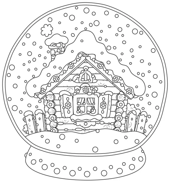 Black and white vector illustration of a Christmas crystal ball with a snow-covered small log house and falling snow inside — Stock Illustration Black White Vector Illustration Christmas Crystal Ball Snow Covered Small Stock Vector