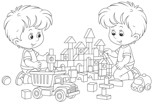 Svart Och Vit Vektorillustration Små Barn Bygga Leksak Slott Med — Stock vektor