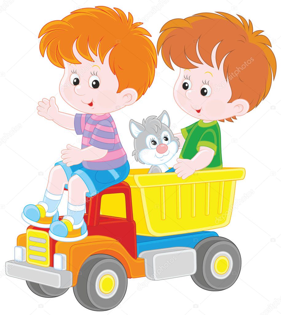 Vector illustration of children playing with a big lorry and a small kitten