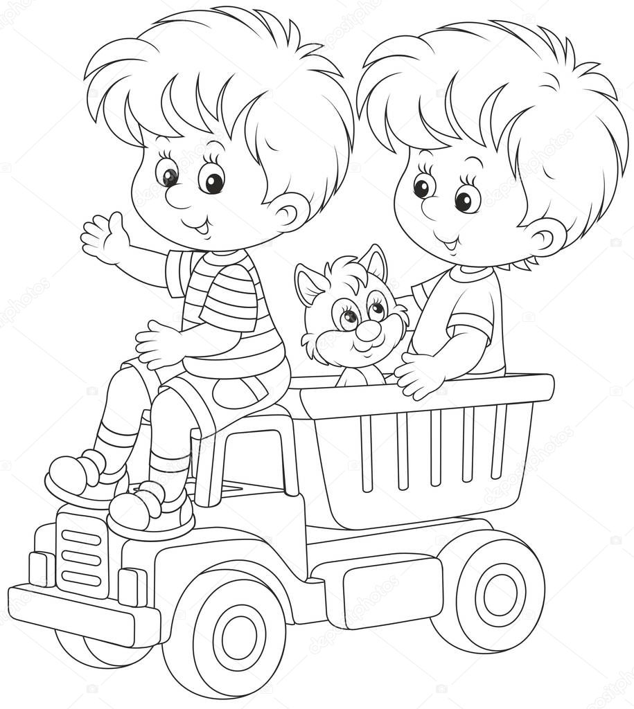 Black and white vector illustration of children playing with a big lorry and a small kitten