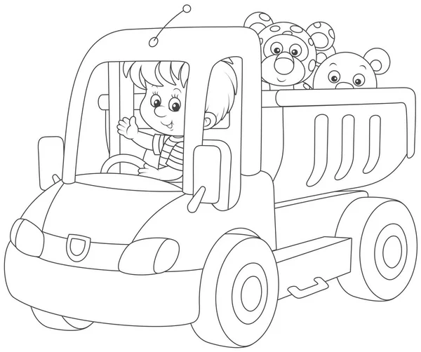 Black White Vector Illustration Little Boy Playing Big Toy Truck — Stock Vector