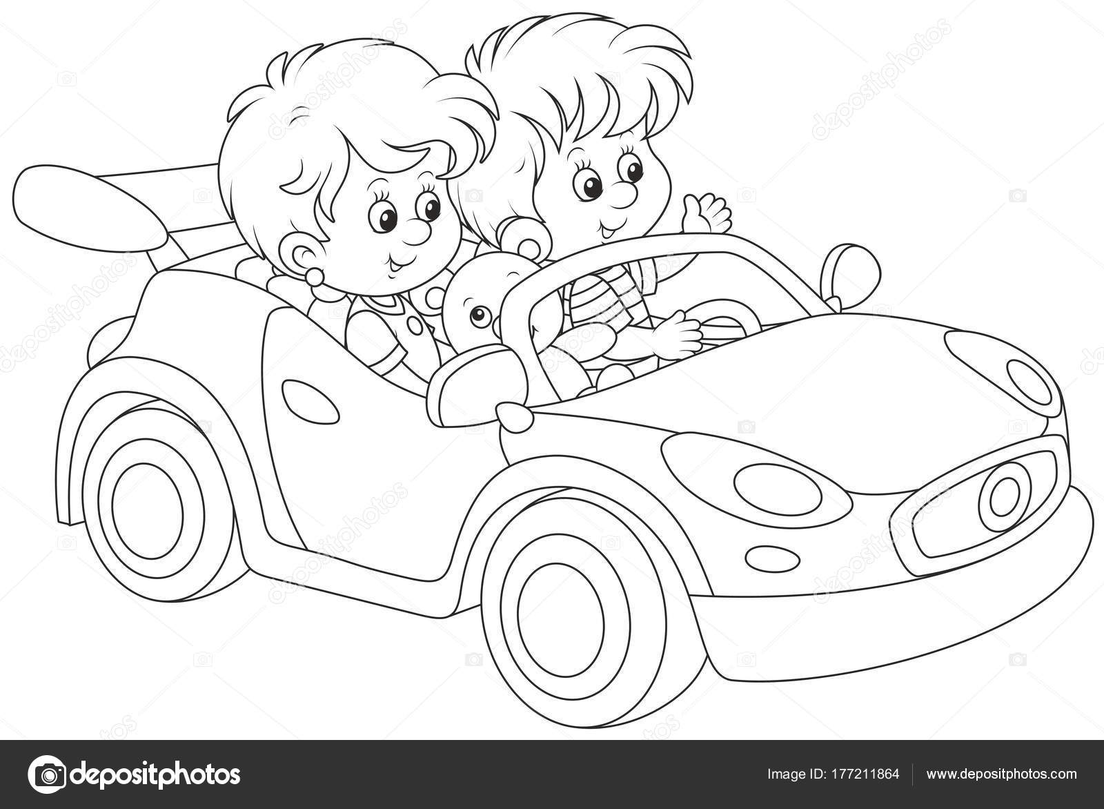 Bianco e nero di vettore di piccoli bambini che giocano in un automobile di sport del giocattolo — Vettoriali di AlexBannykh