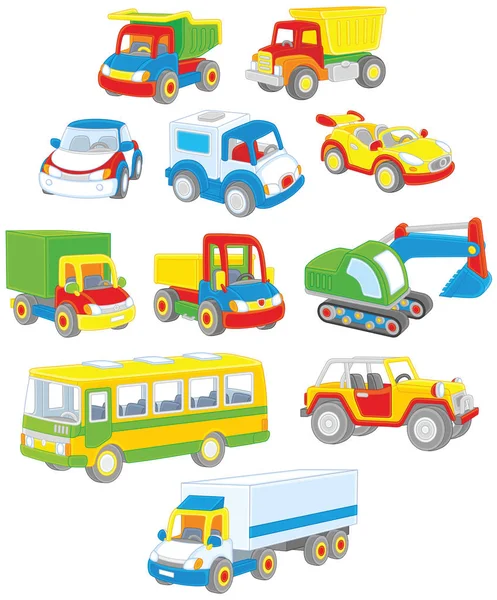 Conjunto Vetorial Carros Brinquedo Caminhões Ônibus — Vetor de Stock