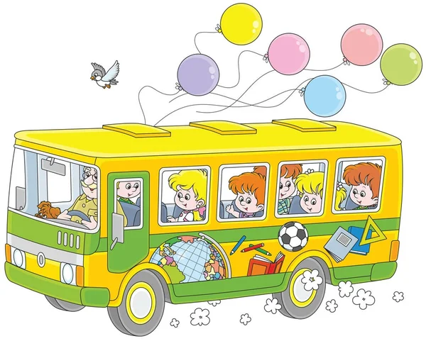 Little Children Riding School Bus Stickers Balloons — Stock Vector