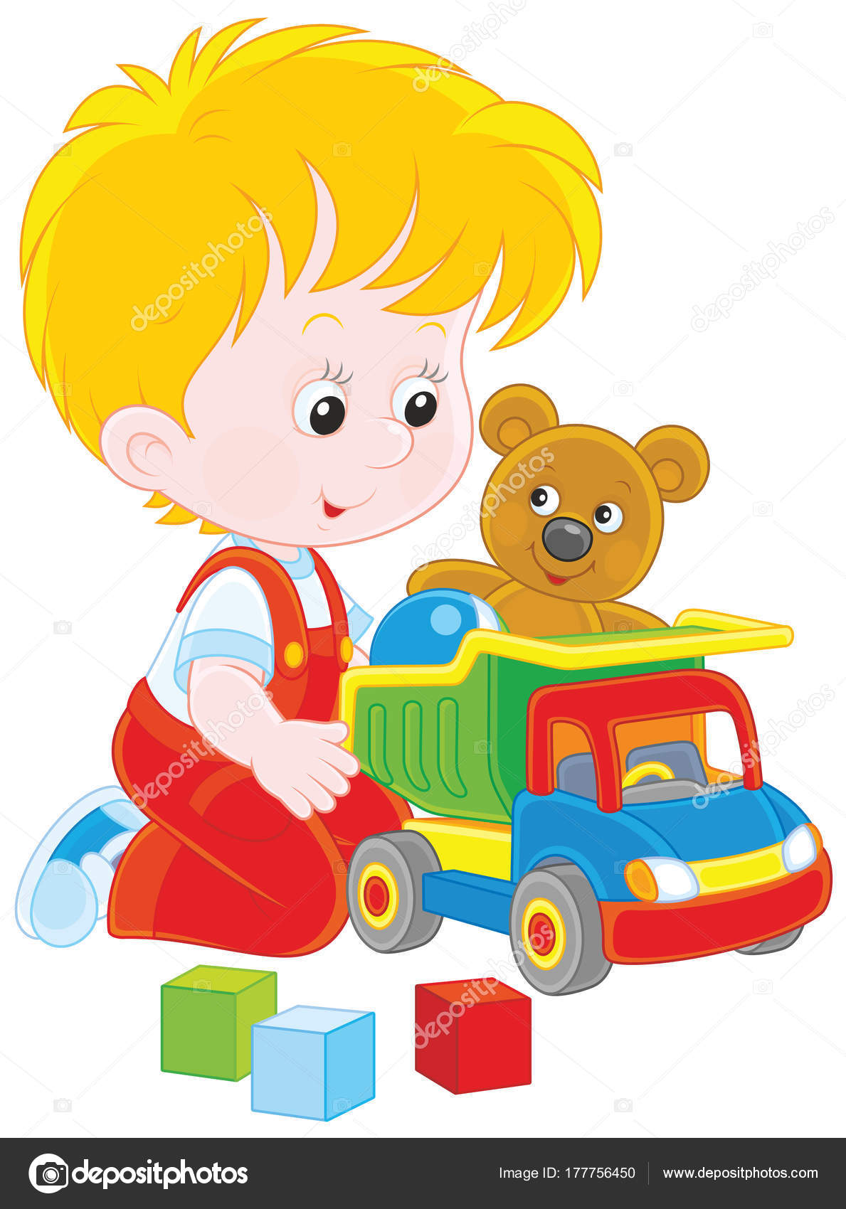 Vector Illustration Little Boy Playing Toy Truck Teddy Bear Cubes Stock  Vector Image by ©AlexBannykh #177756450