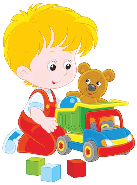 Ilustracja Wektorowa Mały Chłopiec Bawi Się Zabawki Ciężarówki Misia Kostki — Wektor stockowy