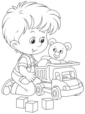 Küçük bir çocuk bir oyuncak kamyon, bir oyuncak ayı ve küpleri ile oynayan siyah ve beyaz vektör çizim