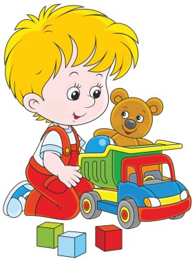 Vector illustration of a little boy playing with a toy truck, a teddy bear and cubes clipart