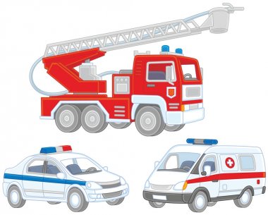 Vector set of a fire truck, an ambulance car and a police car clipart