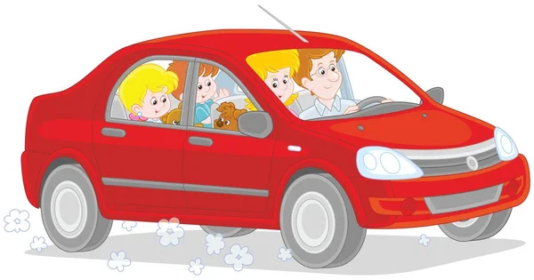 Illustration Vectorielle Une Famille Heureuse Avec Jeunes Enfants Voiture — Image vectorielle