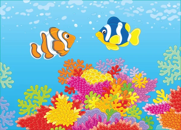 Ilustración Vectorial Peces Colores Brillantes Nadando Sobre Colorido Arrecife Coral — Vector de stock