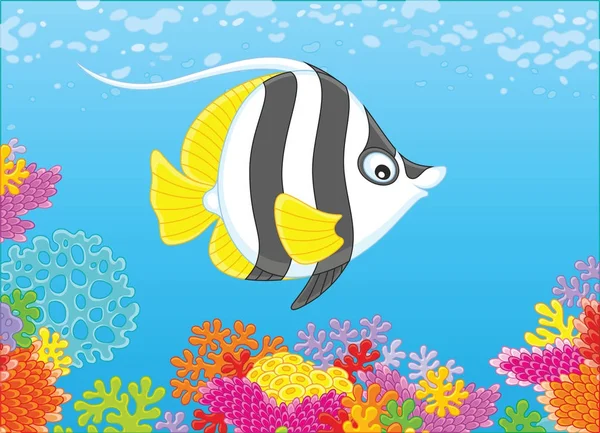 Illustrazione Vettoriale Divertente Pesce Farfalla Che Nuota Acqua Blu Una — Vettoriale Stock