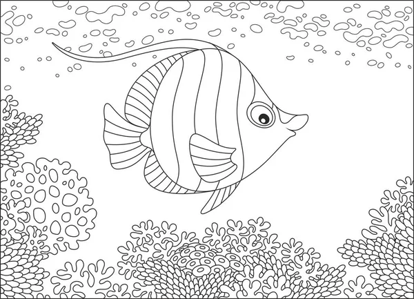 Czarno Biały Ilustracja Wektor Zabawny Motyl Ryb Pływających Nad Rafą — Wektor stockowy