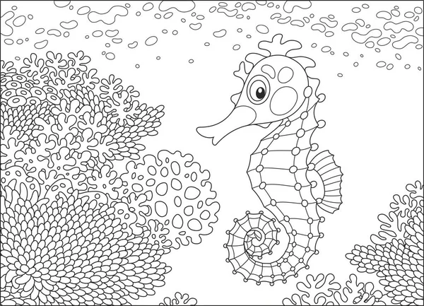 一个有趣的海马游泳在一个惊人的珊瑚礁在热带海洋 黑白矢量插图卡通风格的着色书 — 图库矢量图片