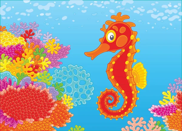 Bir Komik Kırmızı Deniz Atı Üzerinde Bir Şaşırtıcı Renkli Mercan — Stok Vektör