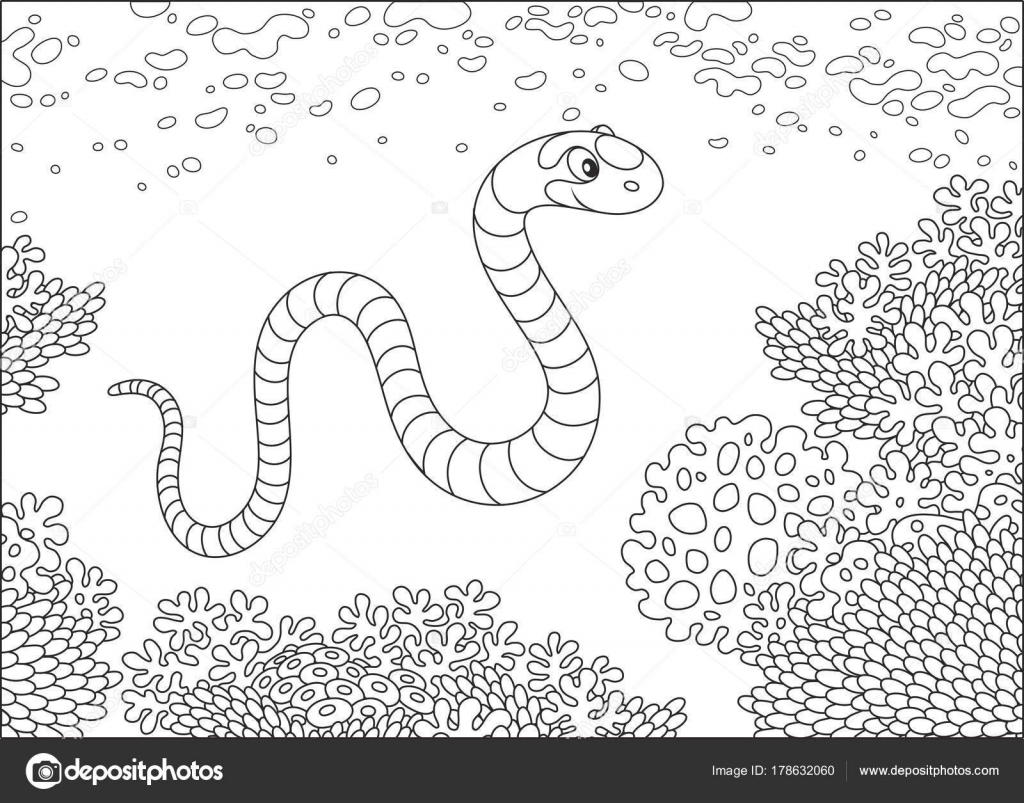 Un serpente di mare a righe nuota sopra una barriera corallina in un mare tropicale un bianco e nero di vettore nello stile del fumetto per un libro da