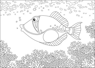 Yüzme tropikal bir denizde inanılmaz bir mercan kayalığı, siyah ve beyaz vektör çizim karikatür tarzı bir boyama kitabı için bir triggerfish