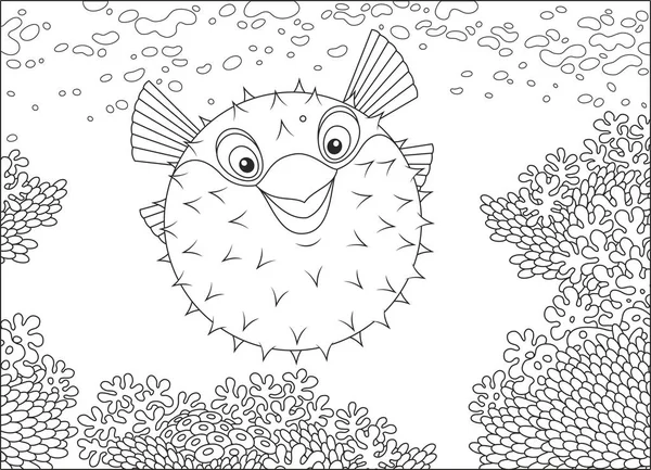 一条鱼 刺猬在热带海的一个令人惊叹的珊瑚礁上游泳 一个彩色书的卡通风格的黑白矢量插图 — 图库矢量图片