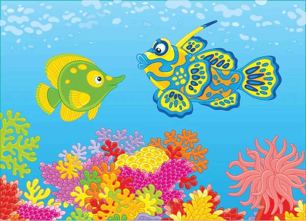 一个有趣的蝴蝶和一条桂鱼在蓝色的海水中游泳 在一个热带海洋多彩的珊瑚礁 卡通风格的矢量插图 — 图库矢量图片