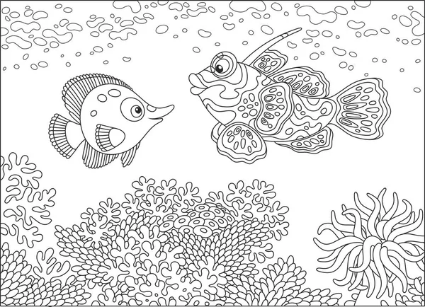 面白い蝶魚や熱帯の海のサンゴ礁 塗り絵の漫画のスタイルの黒と白のベクトル図の上に泳いで北京語の魚 — ストックベクタ