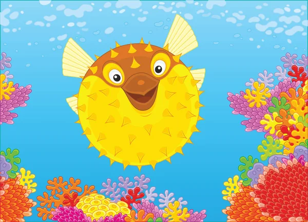 Ryby Ježek Barevné Korálové Útesy Tropické Moře Vektorové Ilustrace Karikatuře — Stockový vektor